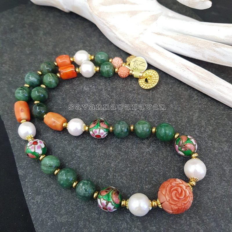 Cloisonne Pearls Jade Coral Necklace