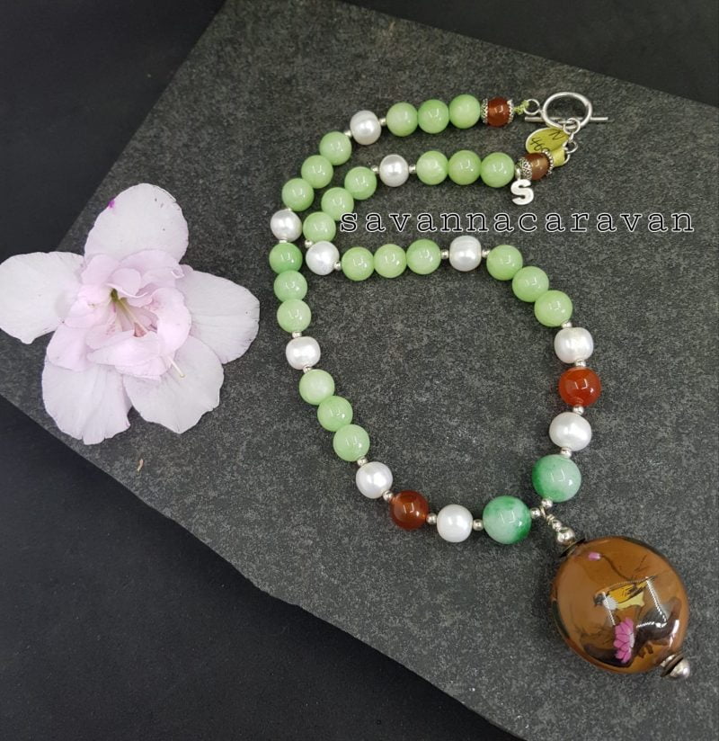 Jade Carnelian Pearl Pendant Necklace