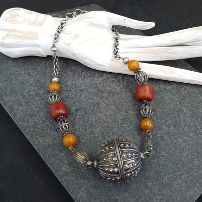 Yemen silver resin amber necklace