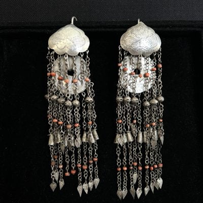 Antique Chinese coral silver earrings