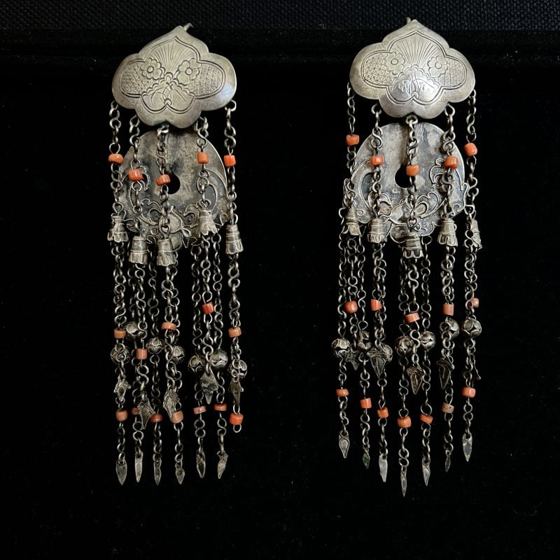 Antique Chinese Silver Coral Earrings