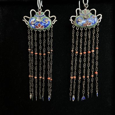 Antique Chinese Enamel coral silver earrings