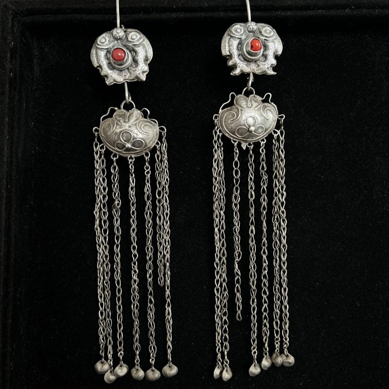 Antique Silver Coral Chains Chinese Earrings