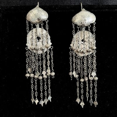 Antique Chinese Silver Coral Niello Earring