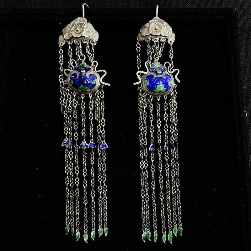 Antique Chinese enamel silver earrings