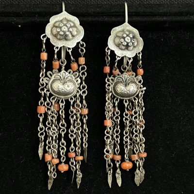Antique Chinese Enamel Coral Silver earring