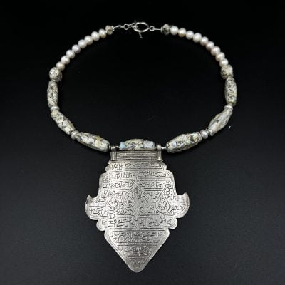 Hazara Silver Pendant Roman Glass Necklace