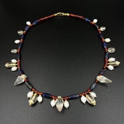 Lapis, carnelian, crystal necklace